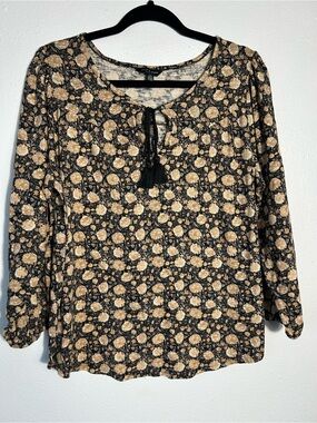 Lucky Brand Floral Peasant Blouse Large L Black Gold Tassel Keyhole Boho Top